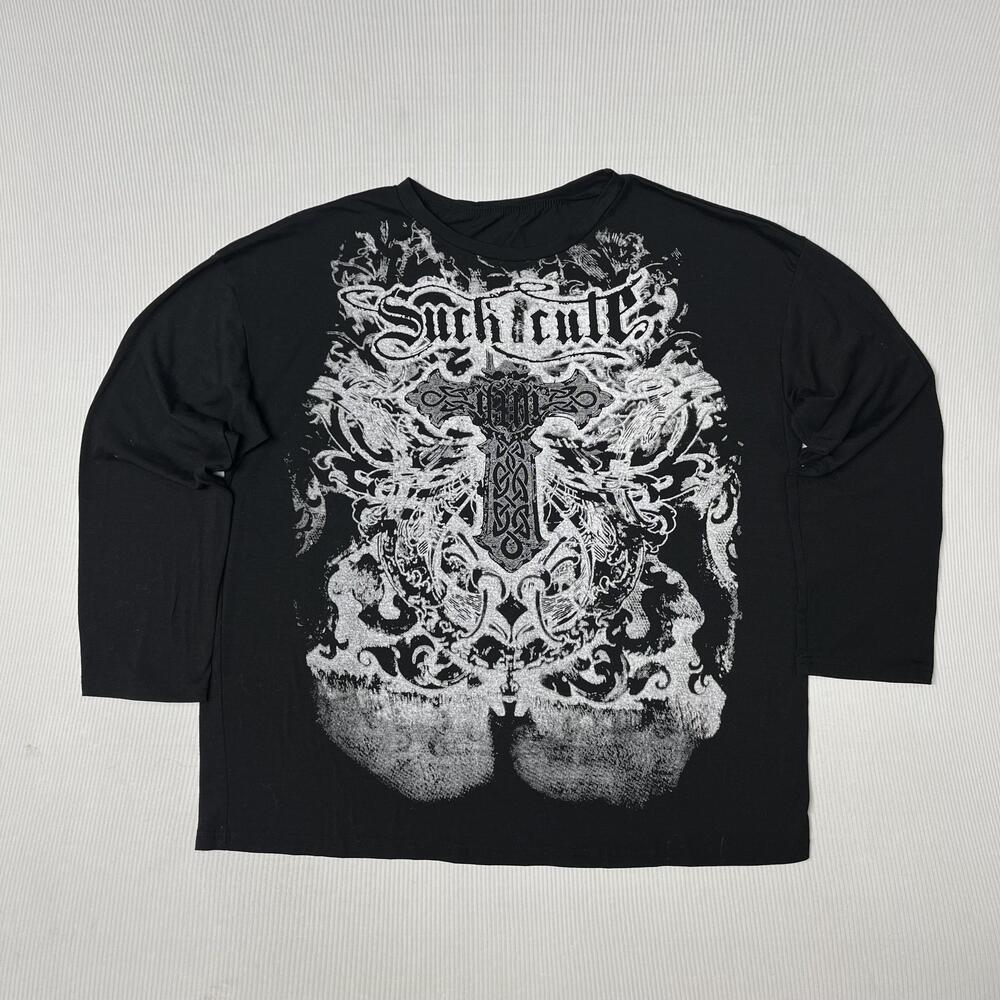 Suchicult Shirt Mens M Black Cross Graphic 3/4 Sleeve Gothic Tattoo Print Tee